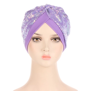 Sparkling purple sequin turban hat for women with cross pleats and fashion wrap design