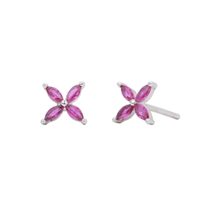 Macro detail of 925 sterling silver flower earrings with pink marquise zircon stones