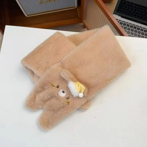Detail of light brown plush scarf featuring cute cartoon bear embroidery and yellow hat
