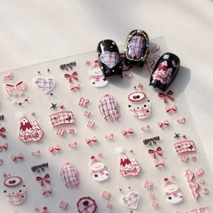 Matte Christmas heart and snowman nail art stickers with red plaid patterns for DIY