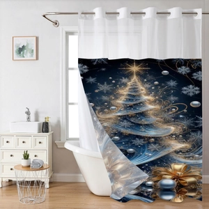 Detail of waterproof Christmas tree shower curtain with golden bow in a modern bathroom
