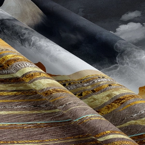 Detailed macro view of nature-inspired tapestry fabric showing abstract mountain textures