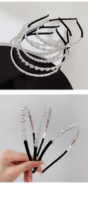 Detail showing five-piece rhinestone and pearl metal headband set with non-slip teeth