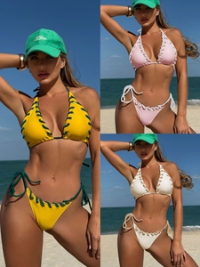 Women Bikini Halter Triangle Top And Side Tie Bottom Polyester Spandex Contrast Color Grommet Lace Up Sexy Beach Swimsuit