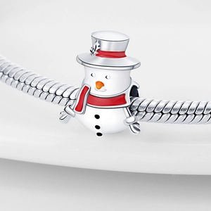 Christmas snowman charm in S925 silver with red enamel scarf for holiday jewelry