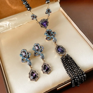 Vintage Snake Necklace And Earrings Jewelry With Silver Earring Post Purple Blue Glass Rhinestone Tassel Luxury Bohemian