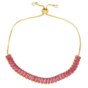 Detailed macro view of adjustable golden box chain bracelet with rose red zircon stones