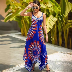 Bohemian Maxi Dress Polyester Floral Print V Neck Handkerchief Hem Sleeveless Camisole Holiday Summer Street For Women