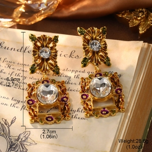 Detailed size view of vintage gold enamel earrings with dimensions and purple floral details
