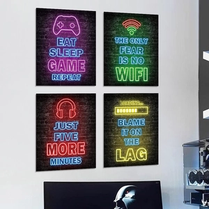 Set of 4 cyberpunk gaming wall art prints with neon gaming icons on black brick background