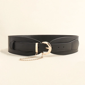 Close-up of a wide black PU leather corset belt with gold metal ring buckle and chain detail