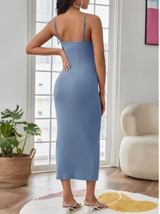 Blue ribbed maternity midi dress with thin straps and side slit for a stylish fit