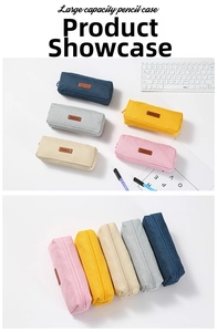 Detailed group view of colorful canvas pencil cases with basic logo and zipper