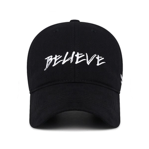 Classic black baseball cap with white BELIEVE embroidery and curved brim for men and women