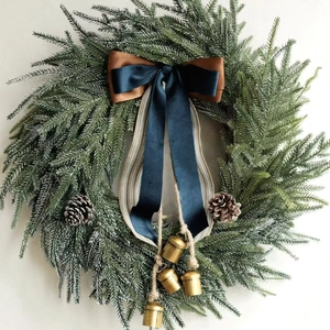 Artificial Christmas Wreath Front Door Hanging Decoration With Pinecones Velvet Bow Metal Bells Retro Forest Style