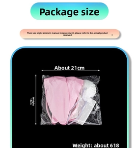 Detailed dimensions of pink rabbit ear headband with weight in plastic packaging