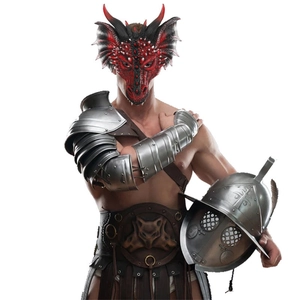 Realistic red and black dragon mask for Halloween party with detailed scales and horns