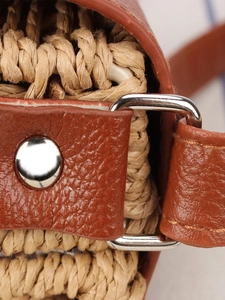 Fashionable paper rope woven beach bag with premium brown leather trim and silver hardware