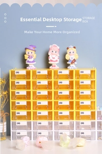 Detailed view of 24-grid desktop organizer with yellow frame and clear drawers