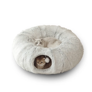 Grey plush foldable cat tunnel bed with circular dual-layer design for cozy sleeping