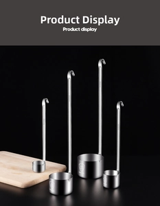 Detail of 304 stainless steel measuring cups with long handles and 500ML scale markings