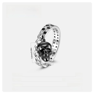 S925 sterling silver open ring featuring a black skull charm with mosaic pavé crystals