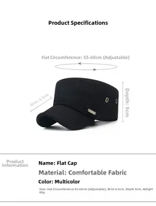 Detailed size chart of the adjustable black cotton military cap with dimensions