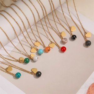 Golden stainless steel heart pendant necklace set with assorted natural stone beads