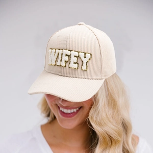 Beige corduroy baseball cap with WIFEY chenille patch and gold glitter embroidery