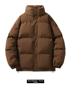 Front view detail of deep coffee quilted puffer jacket with high collar and ribbed cuffs