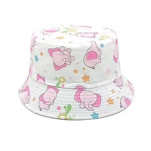 Detail of baby sun hat with cute cartoon elephant patterns and high-quality cotton texture