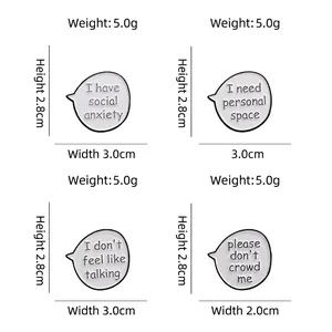 Set of four enamel pins with social anxiety quotes and exact dimensions and weight details