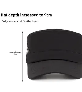 Detail view of the black flat top military cap showing the 9cm deep crown and metal eyelets