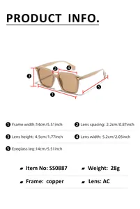 Size chart showing frame dimensions and technical specifications for large square sunglasses