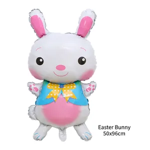 Detailed size 50x96cm view of Easter bunny foil balloon with blue vest for party décor