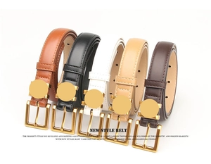 Close-up of five colorful slim vintage leather belts with gold alloy square buckles