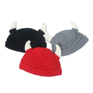 Funny Viking knitted beanie with 3D horns in black, red and grey wool for unisex