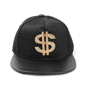 Detail of black mesh hip hop cap with rhinestone studded gold dollar sign metal logo