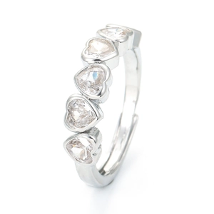 Fashionable silver adjustable ring featuring five heart-shaped cubic zirconia stones