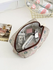 Borsa cosmetica in velluto a coste floreale ad alta capacità per viaggi e trucco