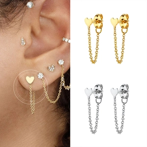 S925 silver needle heart tassel earrings with long chain link design in gold and silver