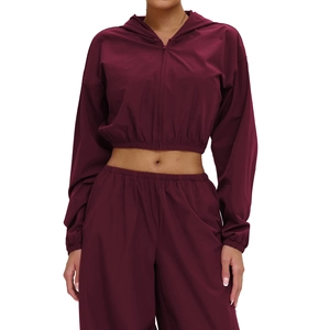 Outdoor hooded sun protection windbreaker and matching pants sports set in deep red wine