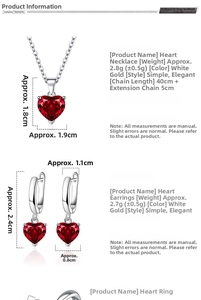 Detail view of heart-shaped ruby zircon jewelry set with necklace and earrings dimensions
