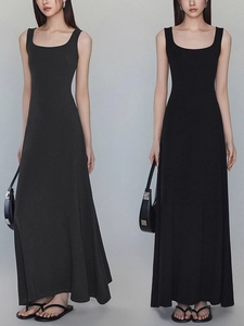 Minimalist Sleeveless Maxi Dress Cotton Blend Square Neck Slim Fit Solid Color Summer Long Tank Sundress Women