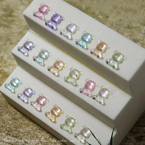 Gilded ice-through bear resin nail art charms in colorful aurora and glitter finish