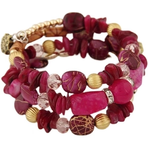 Bohemian multilayer beaded wrap bracelet with magenta stones and gold textured beads