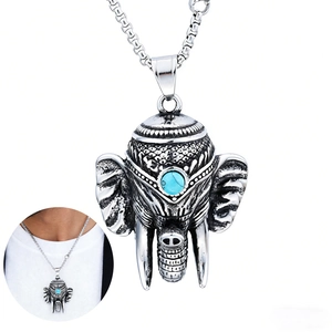 Collier Pendentif Tête D'éléphant Rétro Acier Inoxydable Avec Turquoise Bleue Bijoux Ethniques Tribaux Pour Hommes Femmes