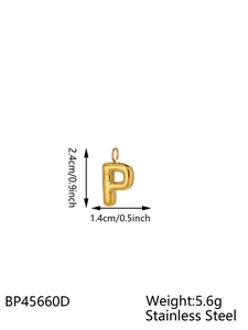 Detail view of 14K gold plated bubble letter P pendant with size 2.4cm and weight 5.6g