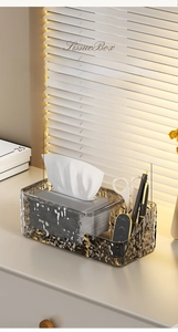 Close-up of amber glacier pattern tissue box with multi-functional storage compartments