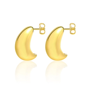 Polished golden crescent moon stud earrings in C-shape design with butterfly backing